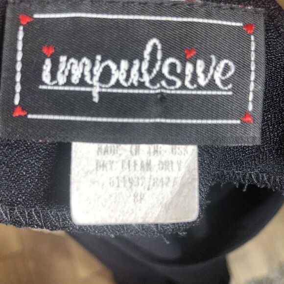 Vtg 80s Impulsive Black Midi Dress 8P Tan Crochet Vest Pleated Shoulder Pads - Picture 10 of 12